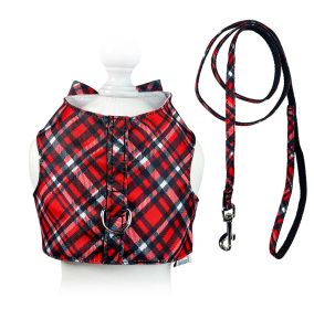 Red Plaid Harness Vest with Matching Leash (Color: Red, Size: L)